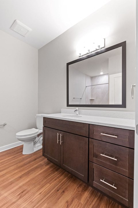 Bathroom with dark cabinetry